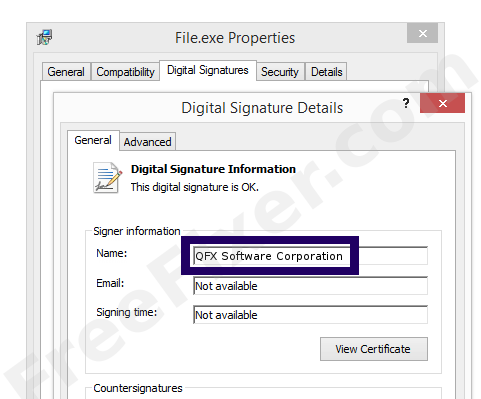 Screenshot of the QFX Software Corporation certificate